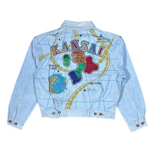 Vintage Kansai Yamamoto O2 Embroidered Map Blue Denim Jacket Mens Medium